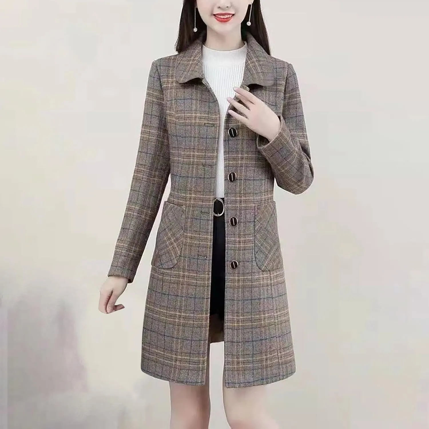 Women's Trench Coats Plaid Single Breasted Coat Lapel Pea Coat Plus Size Wool Blend Coats Casual Work Jackets