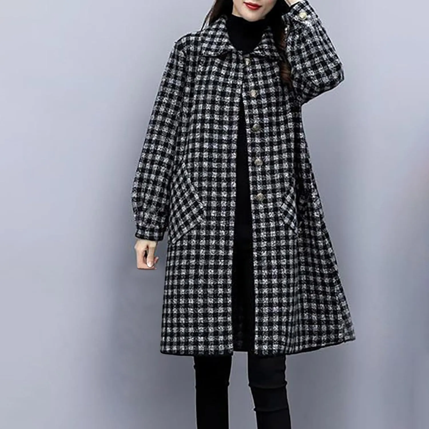 Women's Trench Coats Plaid Single Breasted Coat Lapel Pea Coat Plus Size Wool Blend Coats Casual Work Jackets