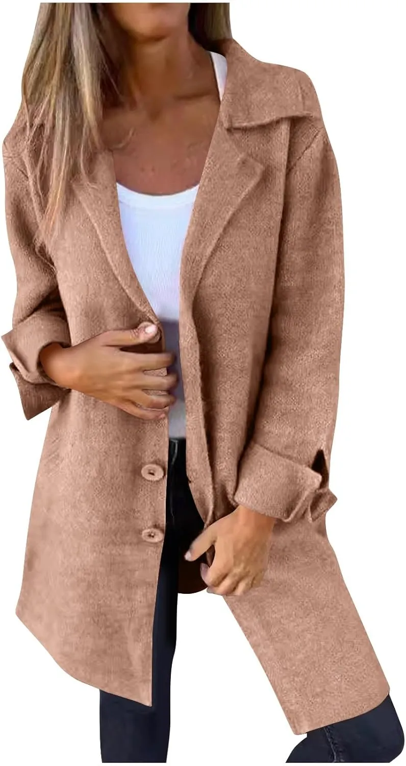 Women's Trench Coats Single Breasted Long Coat Notch Lapel Pea Coat Plus Size Wool Blend Coats Fall Winter Outfits