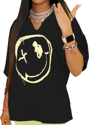 Womens V Neck Smile Face Graphic Tees Y2K Cute Happy Printed T Shirt Casual Family Match Tops