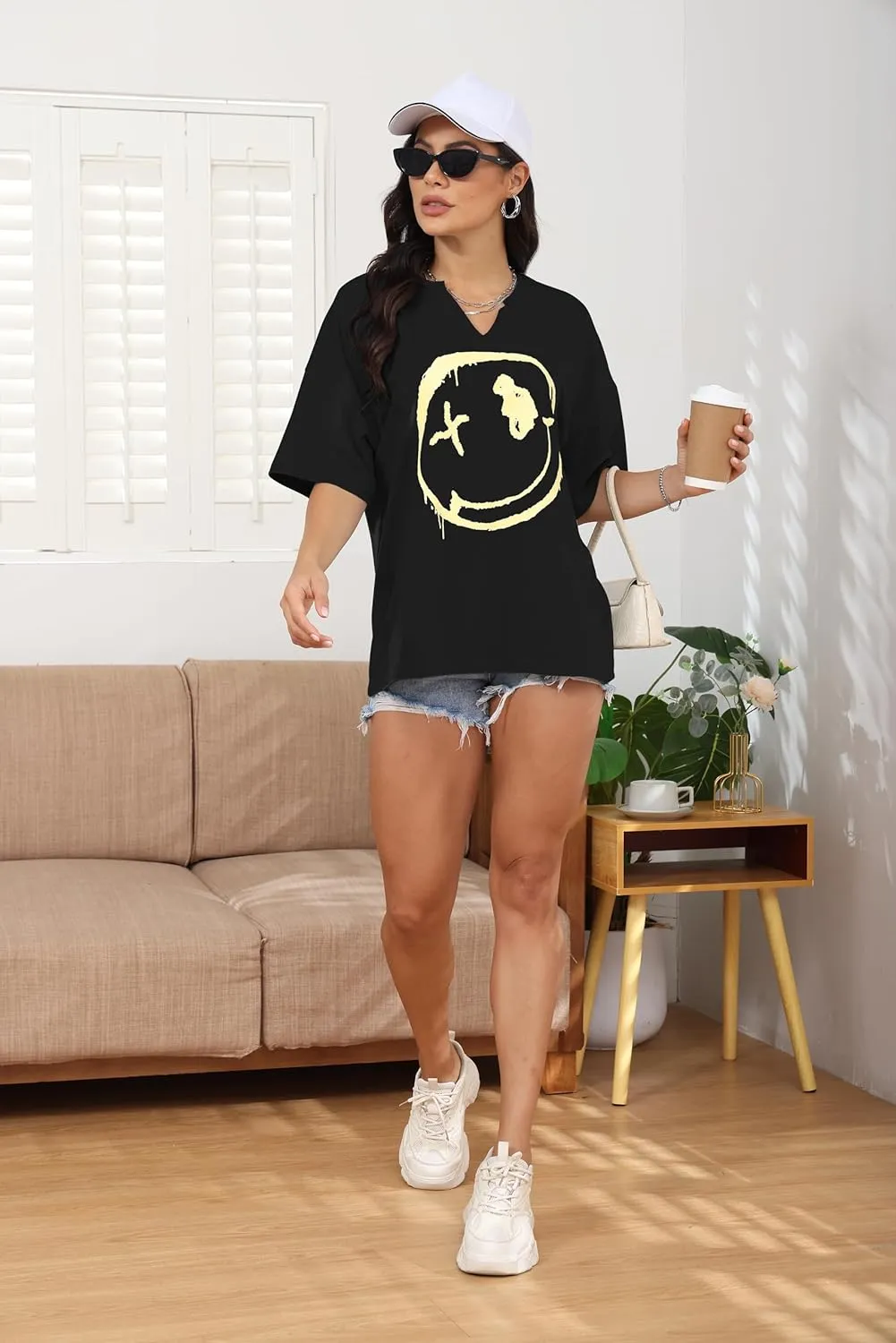 Womens V Neck Smile Face Graphic Tees Y2K Cute Happy Printed T Shirt Casual Family Match Tops