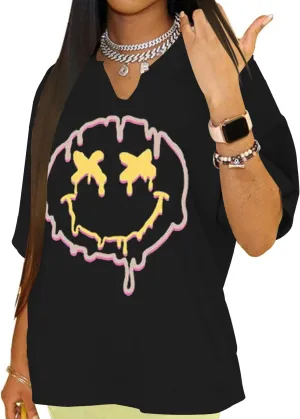 Womens V Neck Smile Face Graphic Tees Y2K Cute Happy Printed T Shirt Casual Family Match Tops