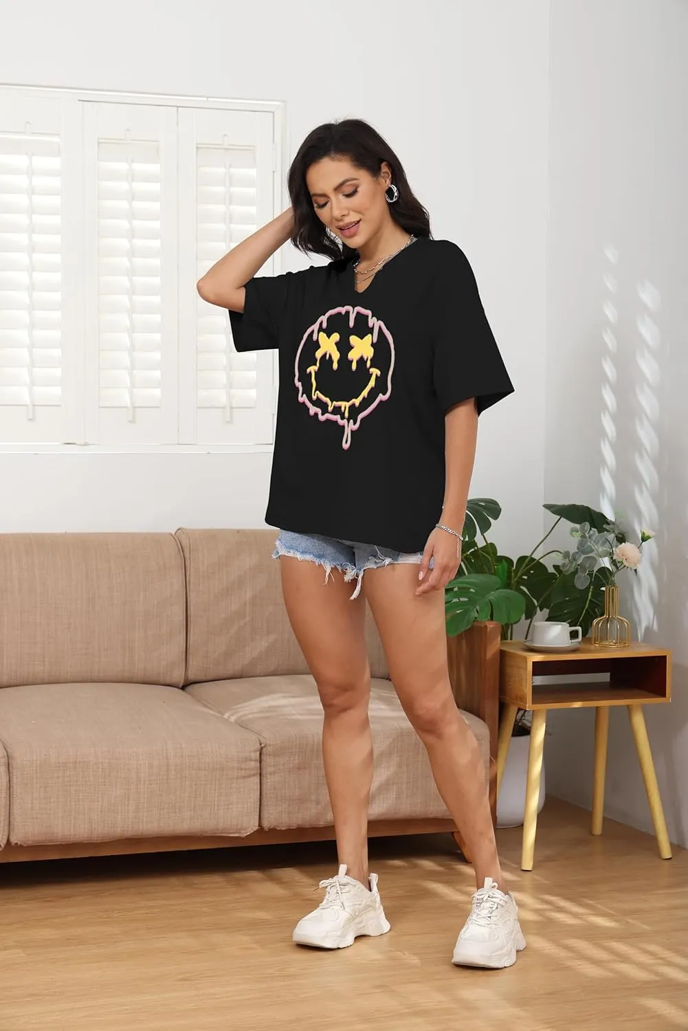 Womens V Neck Smile Face Graphic Tees Y2K Cute Happy Printed T Shirt Casual Family Match Tops