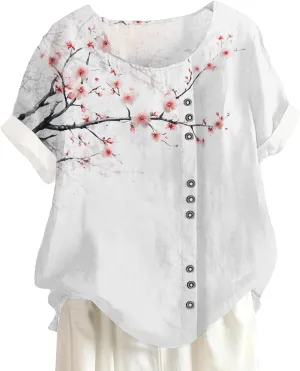 Womens Vintage Blouses Floral Tshirt Cute T Shirts Short Sleeve Linen Cotton Boho Tops Graphic Summer Tees