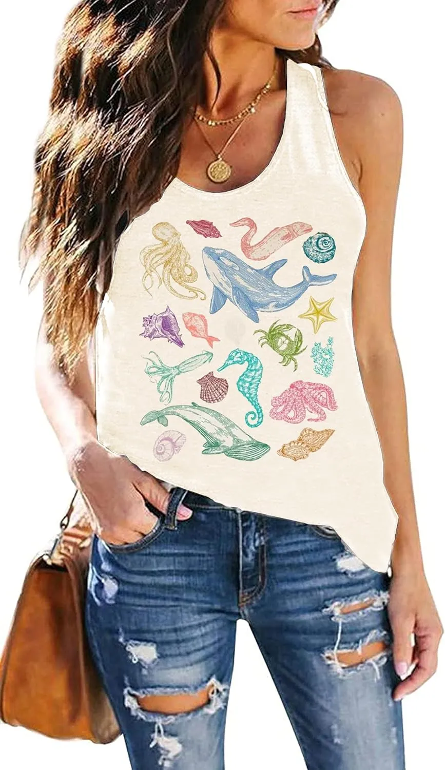 Womens Vintage Graphic Racerback Tank Tops Summer Beach Vacation Tank Cami Casual Loose Workout Yoga Tanks Vest