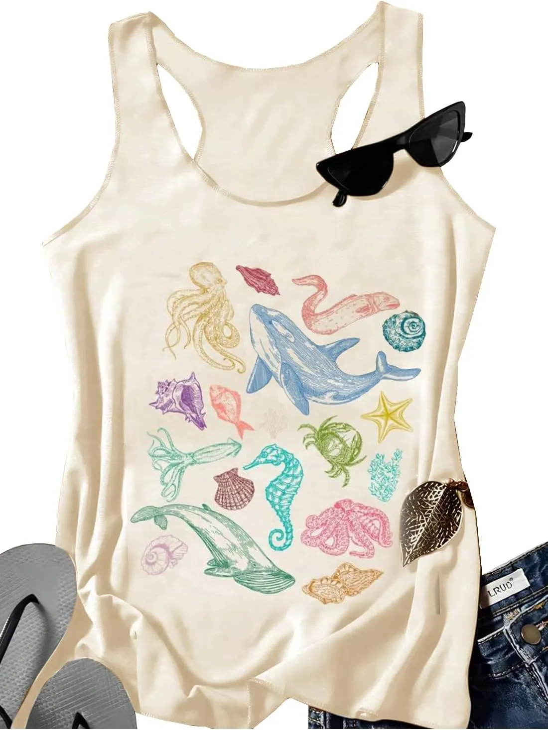 Womens Vintage Graphic Racerback Tank Tops Summer Beach Vacation Tank Cami Casual Loose Workout Yoga Tanks Vest