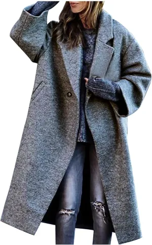 Women's Wool Blend Pea Coat Notch Lapel Single Breasted Classic Winter Long Woolen Trench Coats Warm Jacket Overcoat