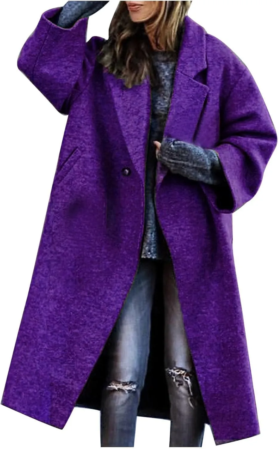 Women's Wool Blend Pea Coat Notch Lapel Single Breasted Classic Winter Long Woolen Trench Coats Warm Jacket Overcoat