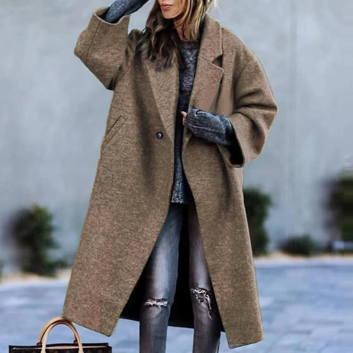 Women's Wool Blend Pea Coat Notch Lapel Single Breasted Classic Winter Long Woolen Trench Coats Warm Jacket Overcoat