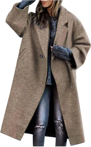 Women's Wool Blend Pea Coat Notch Lapel Single Breasted Classic Winter Long Woolen Trench Coats Warm Jacket Overcoat