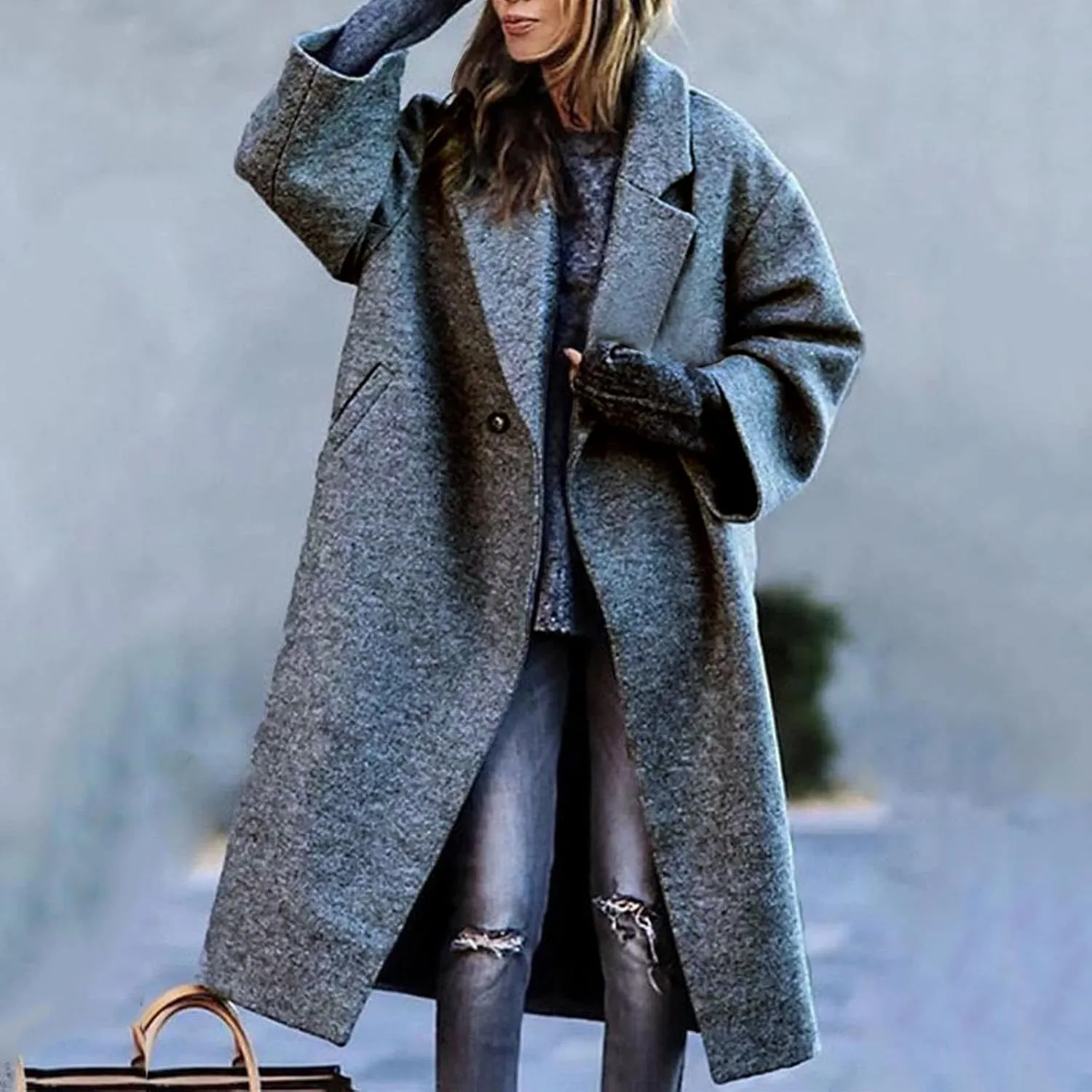 Women's Wool Blend Pea Coat Notch Lapel Single Breasted Classic Winter Long Woolen Trench Coats Warm Jacket Overcoat