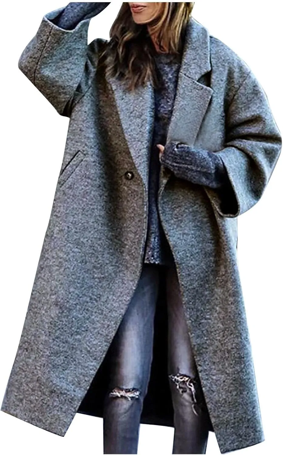 Women's Wool Blend Pea Coat Notch Lapel Single Breasted Classic Winter Long Woolen Trench Coats Warm Jacket Overcoat