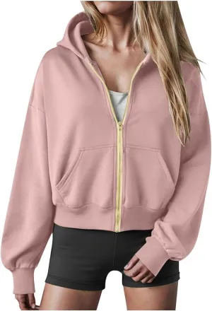 Womens Zip Up Hoodies Cropped Sweatshirts Casual Fleece Jackets Hooded Y2k Top Fall Outfits Clothes