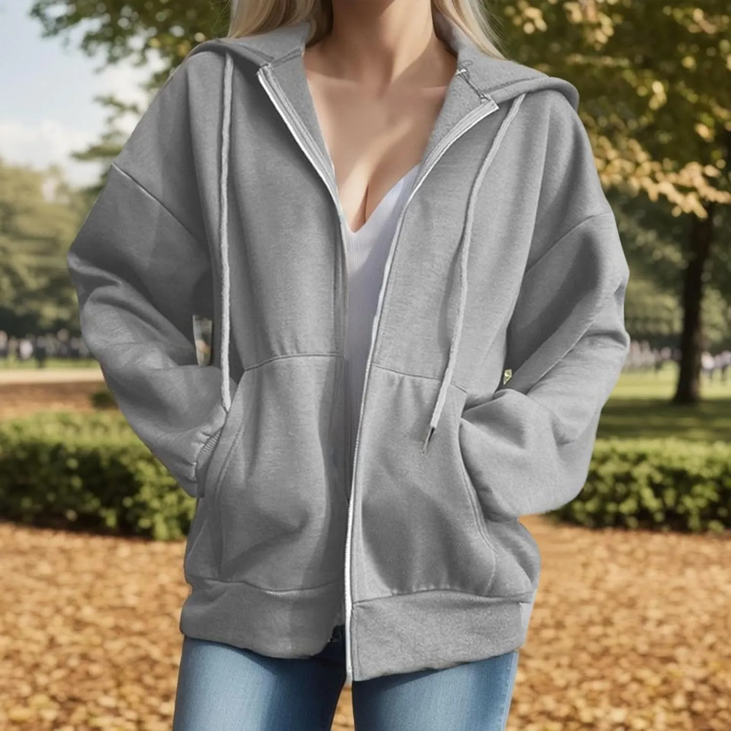 Womens Zip Up Hoodies Long Sleeve Drawstring Sport Sweatshirts Jacket Casual Fashion Jackets Fall Outfits