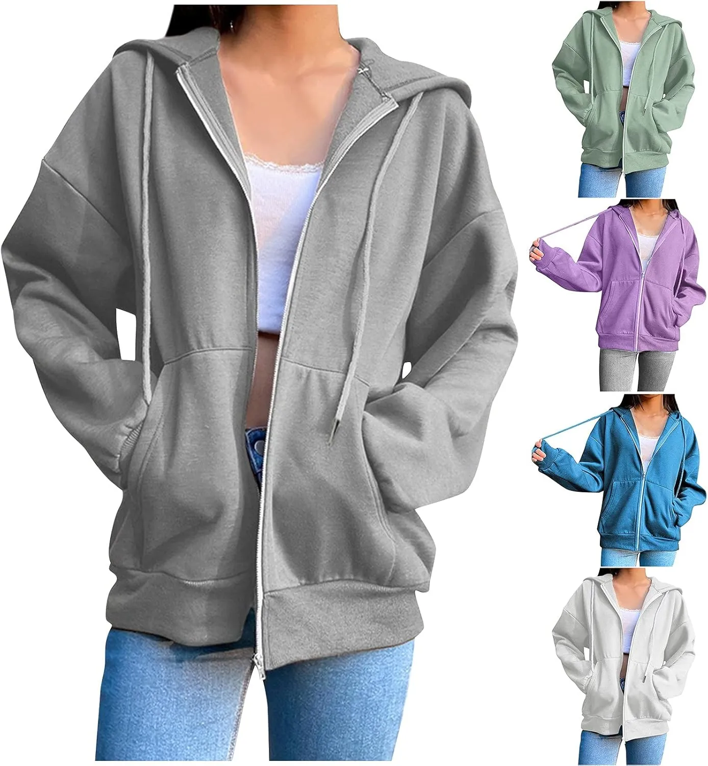 Womens Zip Up Hoodies Long Sleeve Drawstring Sport Sweatshirts Jacket Casual Fashion Jackets Fall Outfits