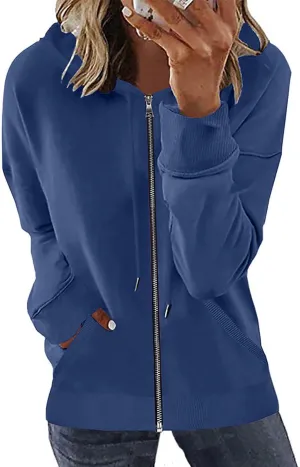 Womens Zip Up Hoodies Long Sleeve Drawstring Sweatshirts Fall Outfits Oversized Sweaters Casual Fashion Jackets 2024