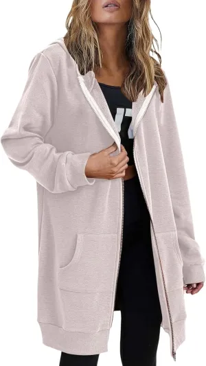 Womens Zip Up Hoodies Long Sleeve Hooded Lightweight Sweatshirt Oversized Fleece Jacket With Pockets Fall Clothes