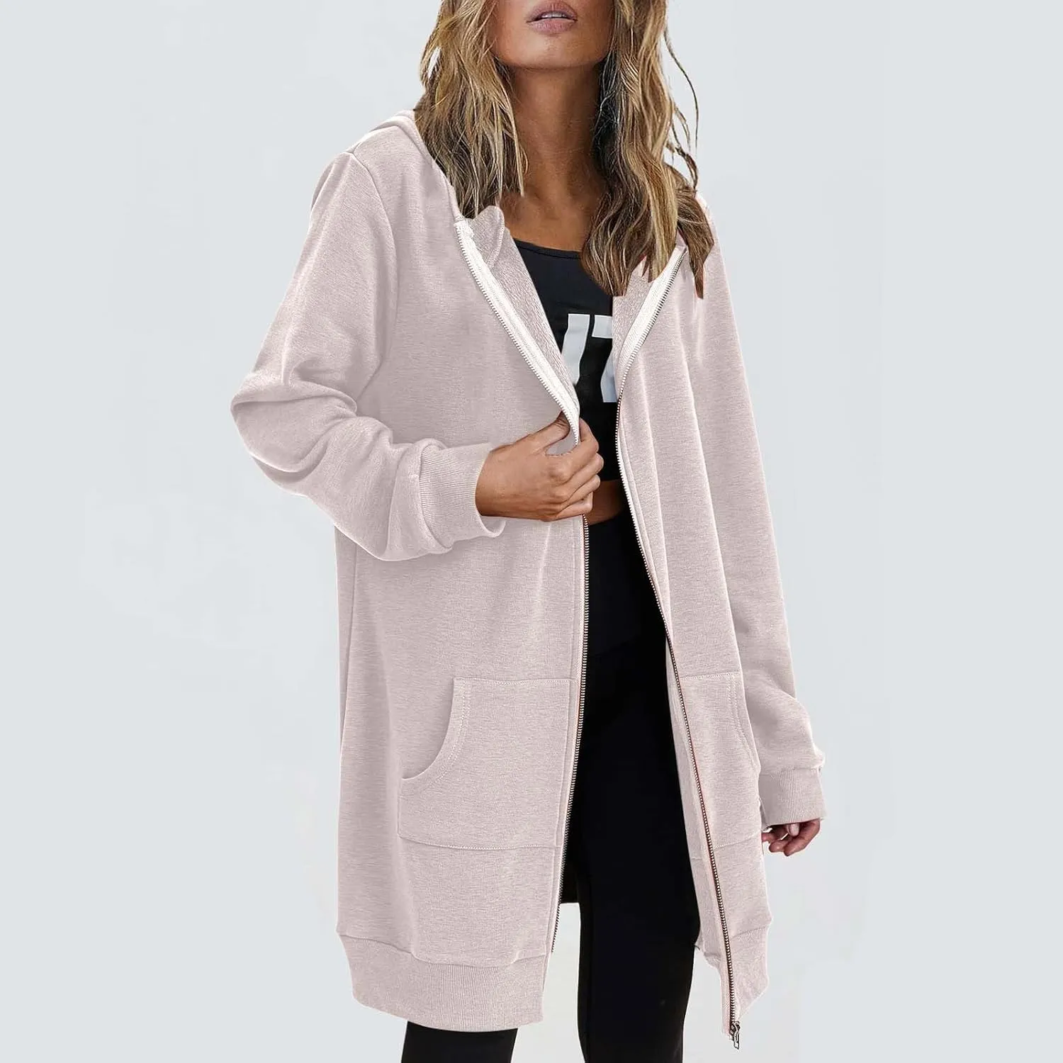 Womens Zip Up Hoodies Long Sleeve Hooded Lightweight Sweatshirt Oversized Fleece Jacket With Pockets Fall Clothes