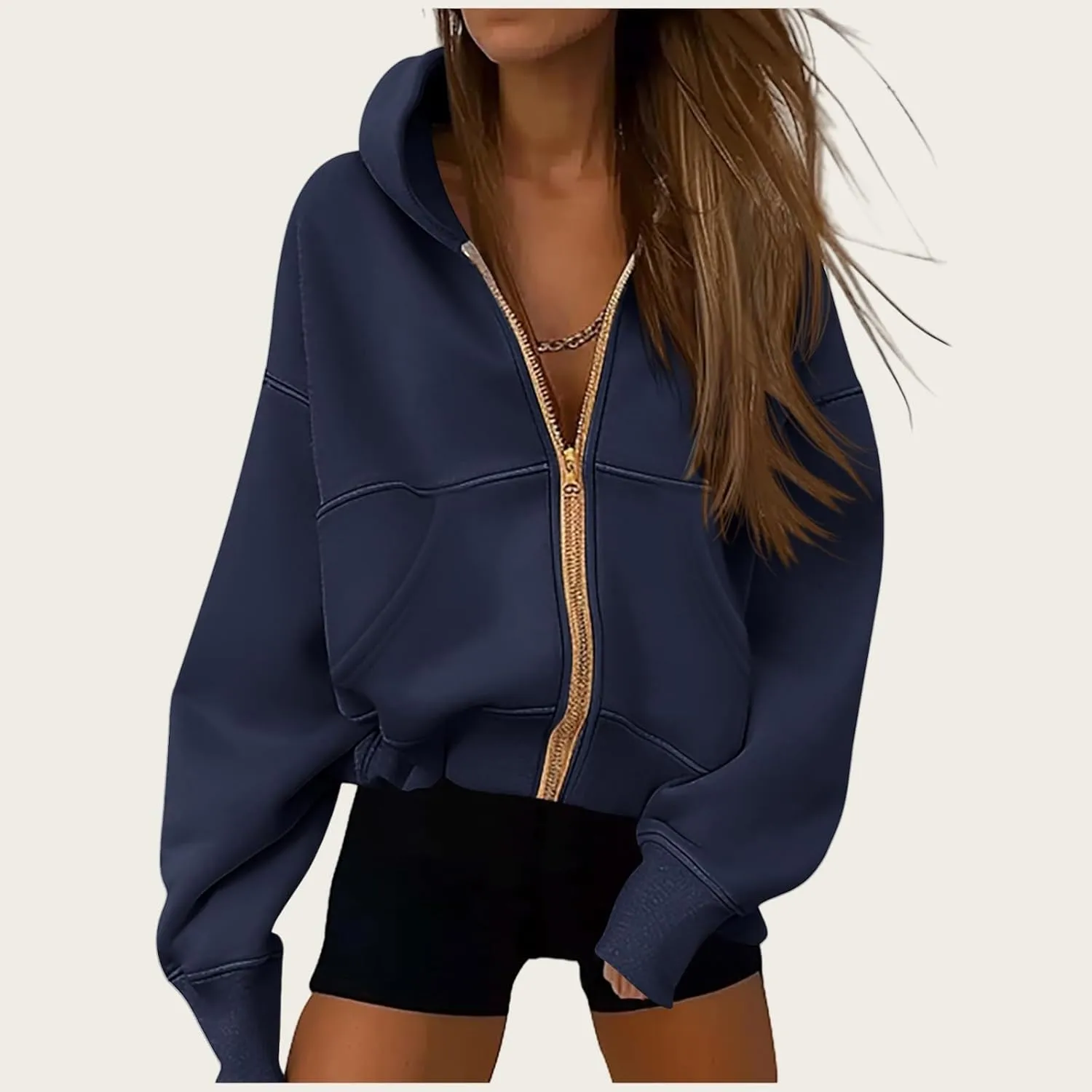 Womens Zip Up Hoodies Long Sleeve Loose Fit Jackets Fashion Fleece Cropped Jackets with Pockets