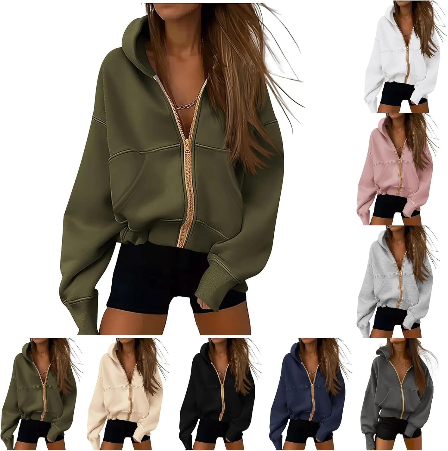 Womens Zip Up Hoodies Long Sleeve Loose Fit Jackets Fashion Fleece Cropped Jackets with Pockets