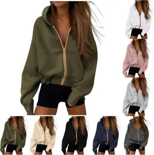 Womens Zip Up Hoodies Long Sleeve Loose Fit Jackets Fashion Fleece Cropped Jackets with Pockets