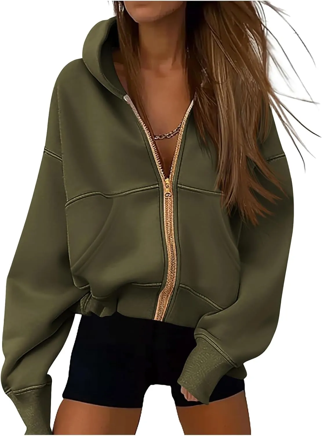 Womens Zip Up Hoodies Long Sleeve Loose Fit Jackets Fashion Fleece Cropped Jackets with Pockets