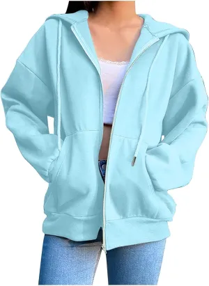 Womens Zip Up Hoodies Long Sleeve Oversized Sweatshirts Fleece Jacket Pockets 2024 Fall Outfits Fashion Clothes