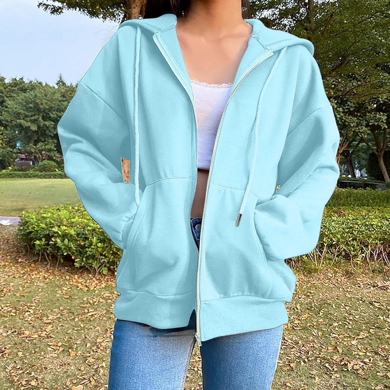 Womens Zip Up Hoodies Long Sleeve Oversized Sweatshirts Fleece Jacket Pockets 2024 Fall Outfits Fashion Clothes
