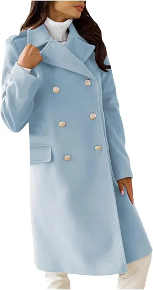 Wool Blend Trench Coat for Women, Fashion Casual Notch Lapel Double Breasted Mid Long Pea Coats Loose Overcoat Jacket