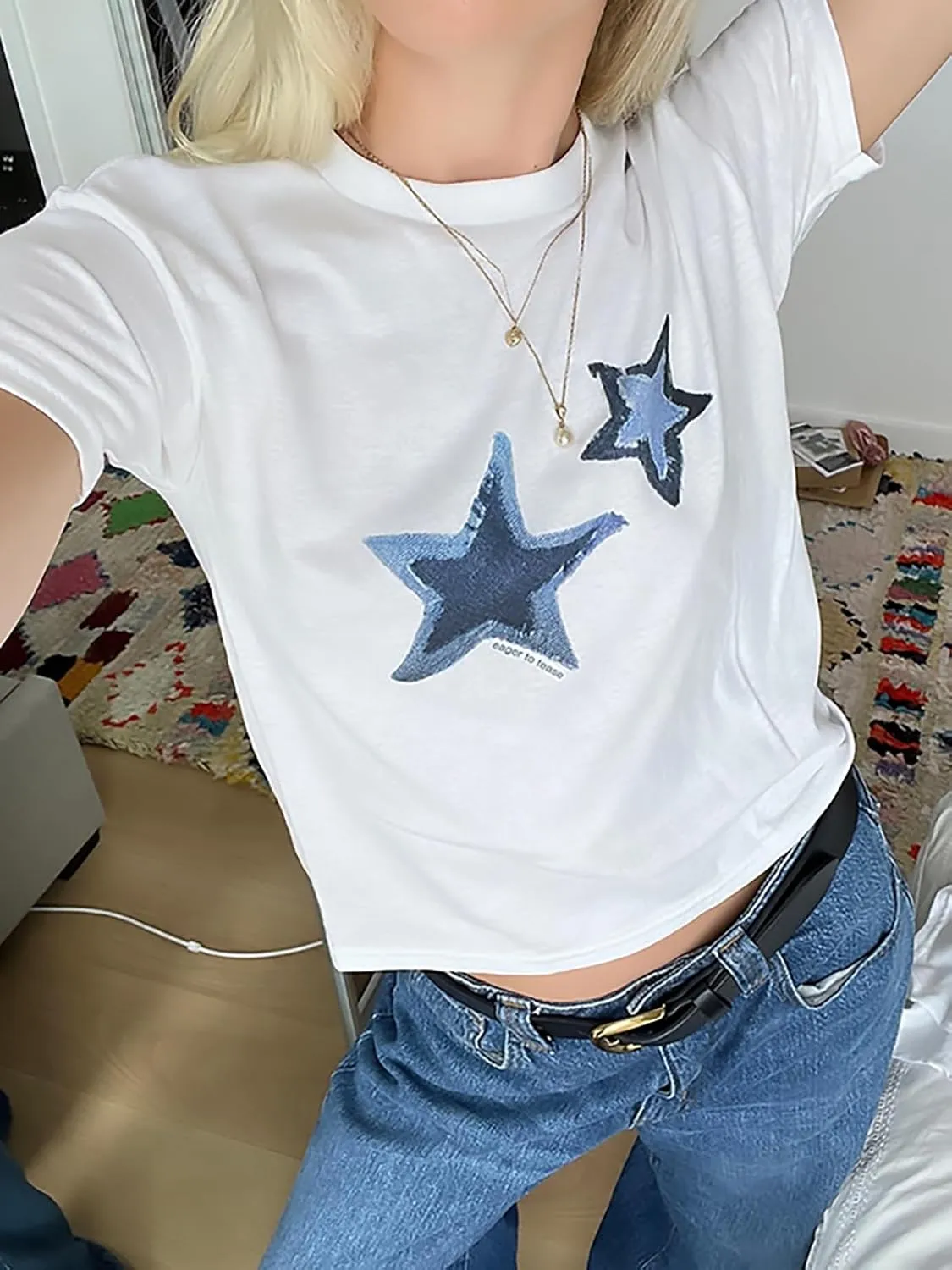 Xineicy Y2K Crop Tops for Women Star Print Tees Vintage Baby Tee Short Sleeve Summer Tops
