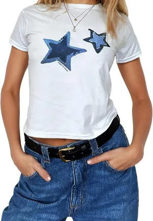 Xineicy Y2K Crop Tops for Women Star Print Tees Vintage Baby Tee Short Sleeve Summer Tops