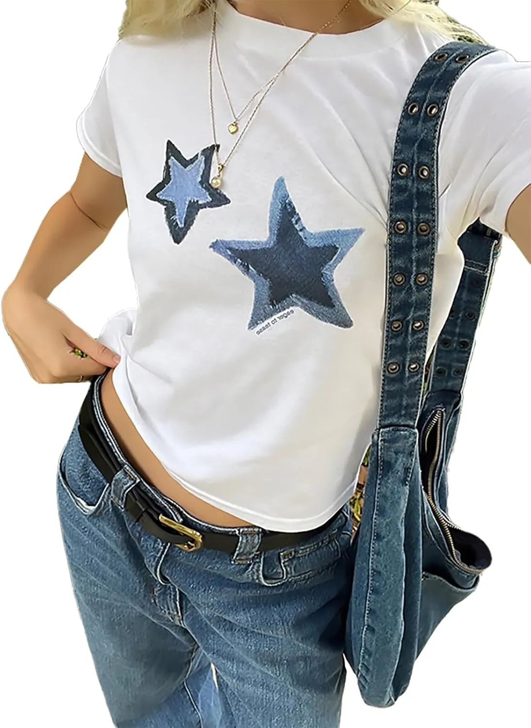 Xineicy Y2K Crop Tops for Women Star Print Tees Vintage Baby Tee Short Sleeve Summer Tops