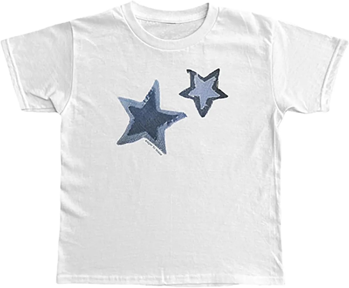 Xineicy Y2K Crop Tops for Women Star Print Tees Vintage Baby Tee Short Sleeve Summer Tops