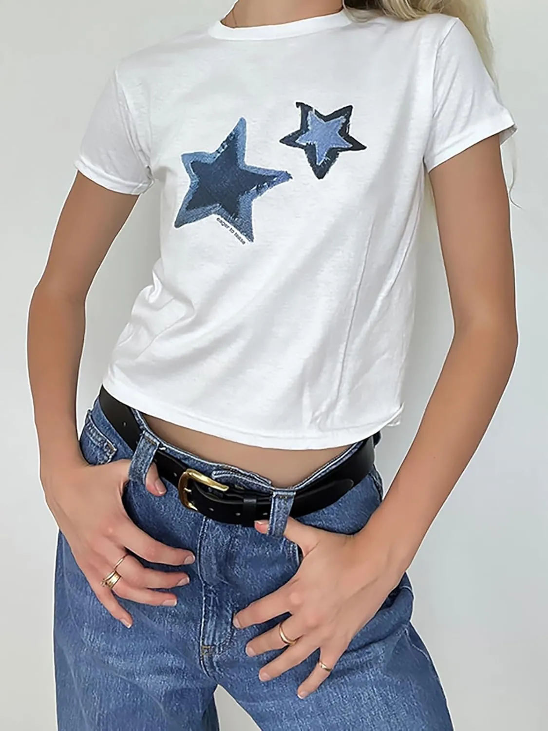 Xineicy Y2K Crop Tops for Women Star Print Tees Vintage Baby Tee Short Sleeve Summer Tops