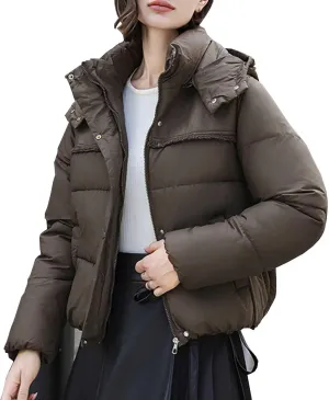 XUNRYAN Winter Coat Women Short Puffer Jackets Hooded Warm Parka Zip Up Down Coat Casual Thick Anorak Parka Outerwear Pockets