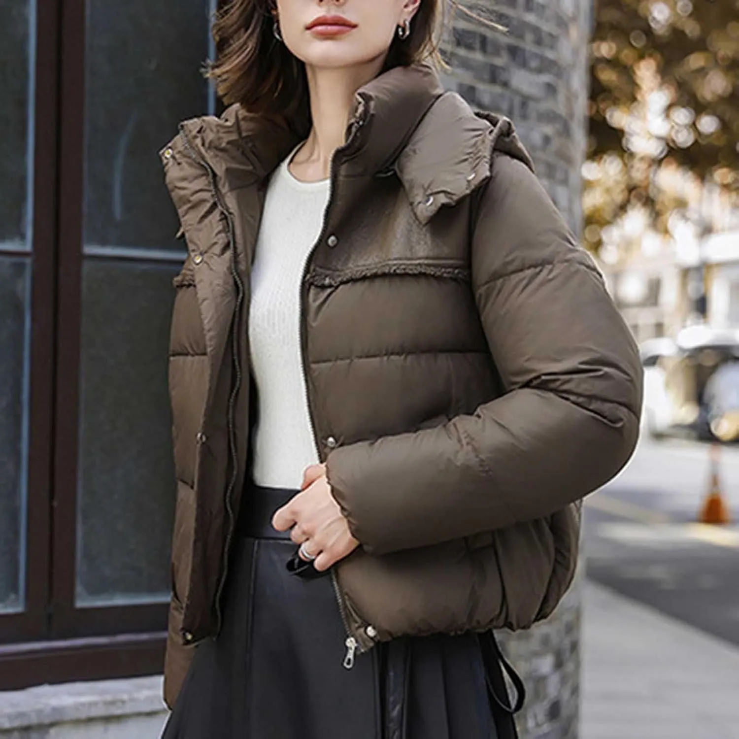 XUNRYAN Winter Coat Women Short Puffer Jackets Hooded Warm Parka Zip Up Down Coat Casual Thick Anorak Parka Outerwear Pockets