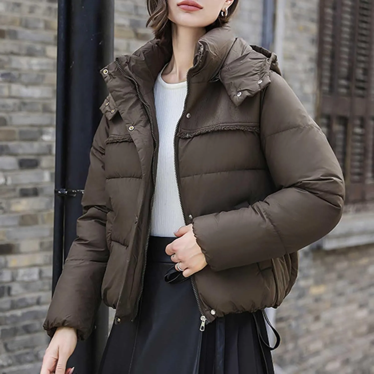 XUNRYAN Winter Coat Women Short Puffer Jackets Hooded Warm Parka Zip Up Down Coat Casual Thick Anorak Parka Outerwear Pockets