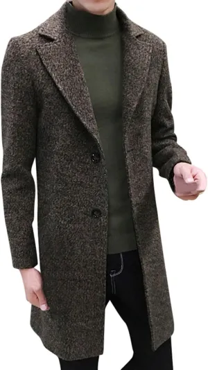 Ymosrh Men's Winter Coat Long Trench Notched Lapel Single Breasted Pea Coat Mens, M-5XL
