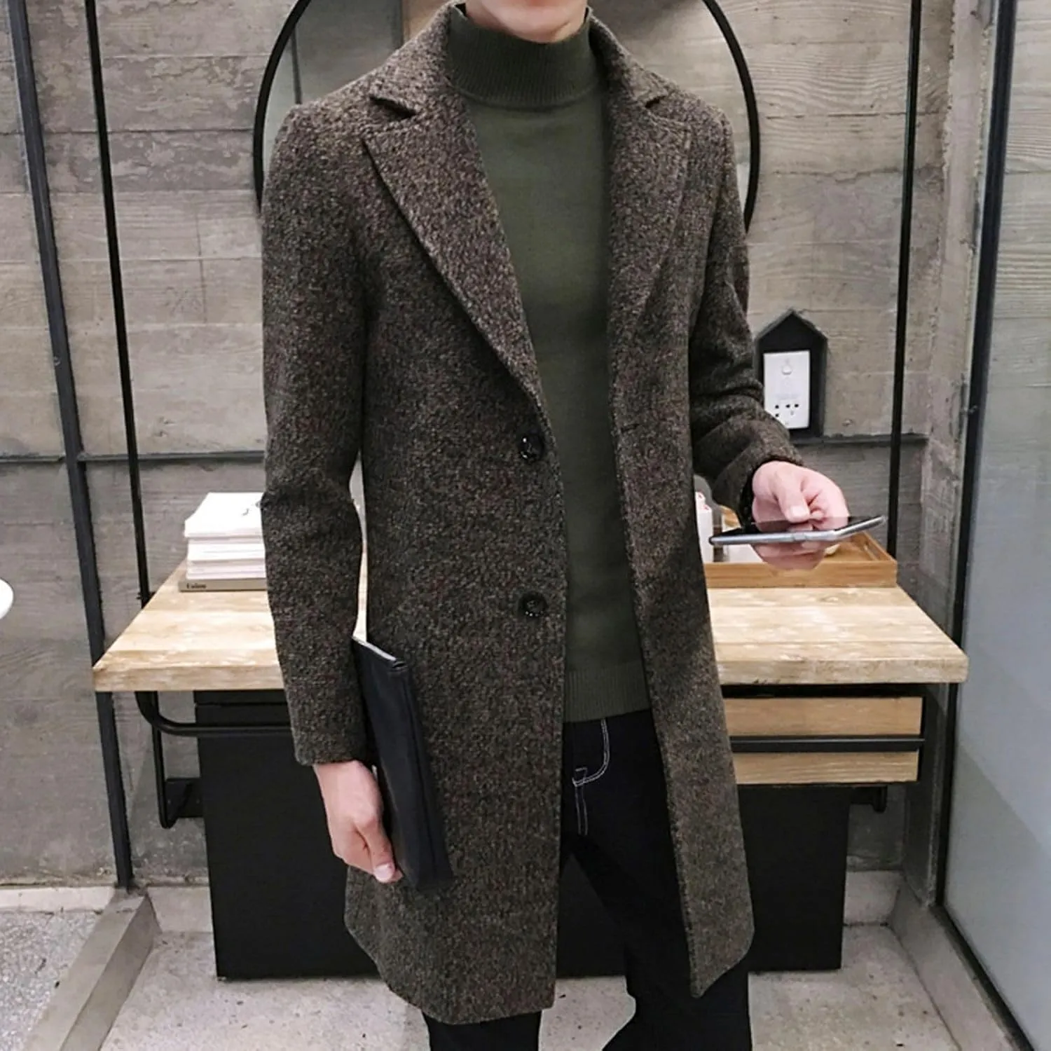 Ymosrh Men's Winter Coat Long Trench Notched Lapel Single Breasted Pea Coat Mens, M-5XL