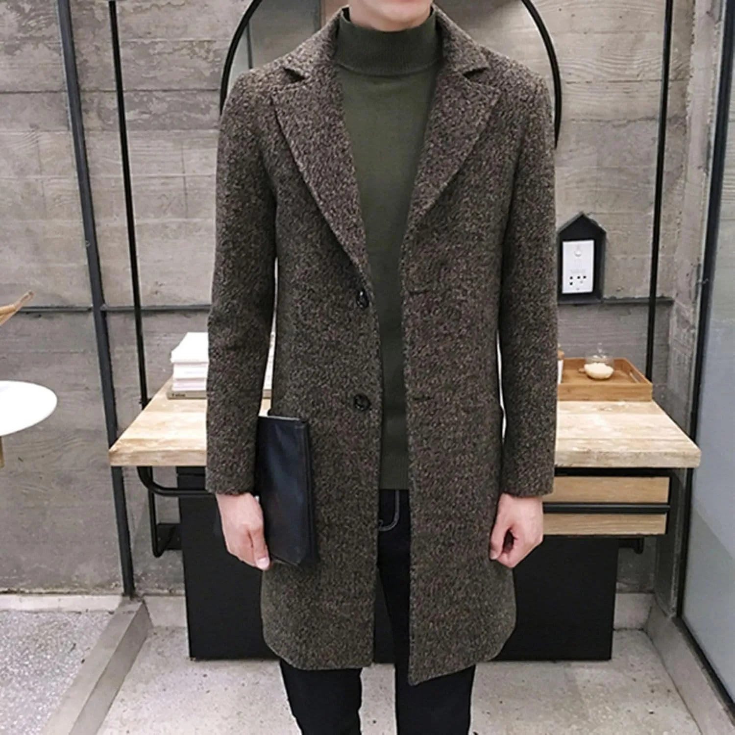 Ymosrh Men's Winter Coat Long Trench Notched Lapel Single Breasted Pea Coat Mens, M-5XL
