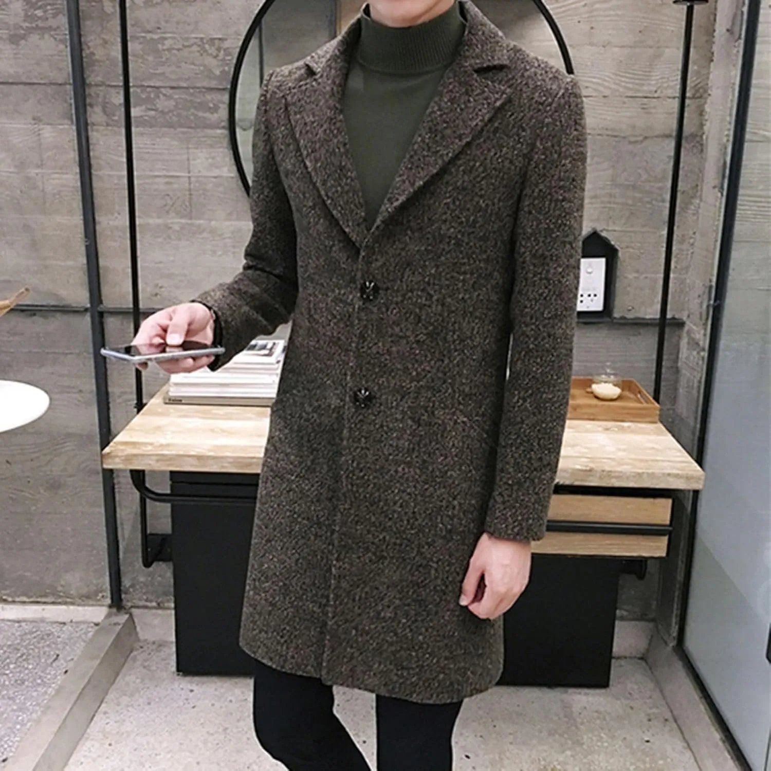 Ymosrh Men's Winter Coat Long Trench Notched Lapel Single Breasted Pea Coat Mens, M-5XL