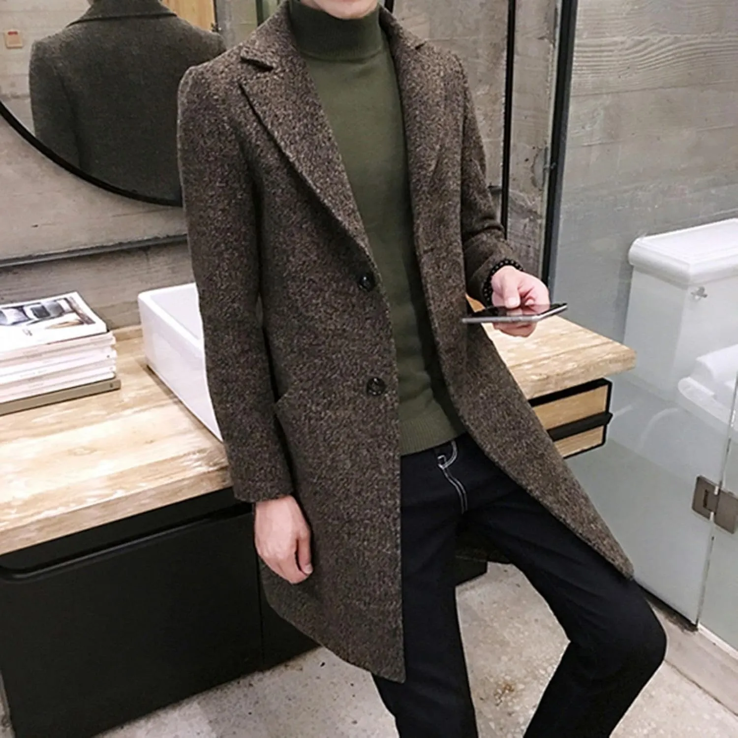 Ymosrh Men's Winter Coat Long Trench Notched Lapel Single Breasted Pea Coat Mens, M-5XL