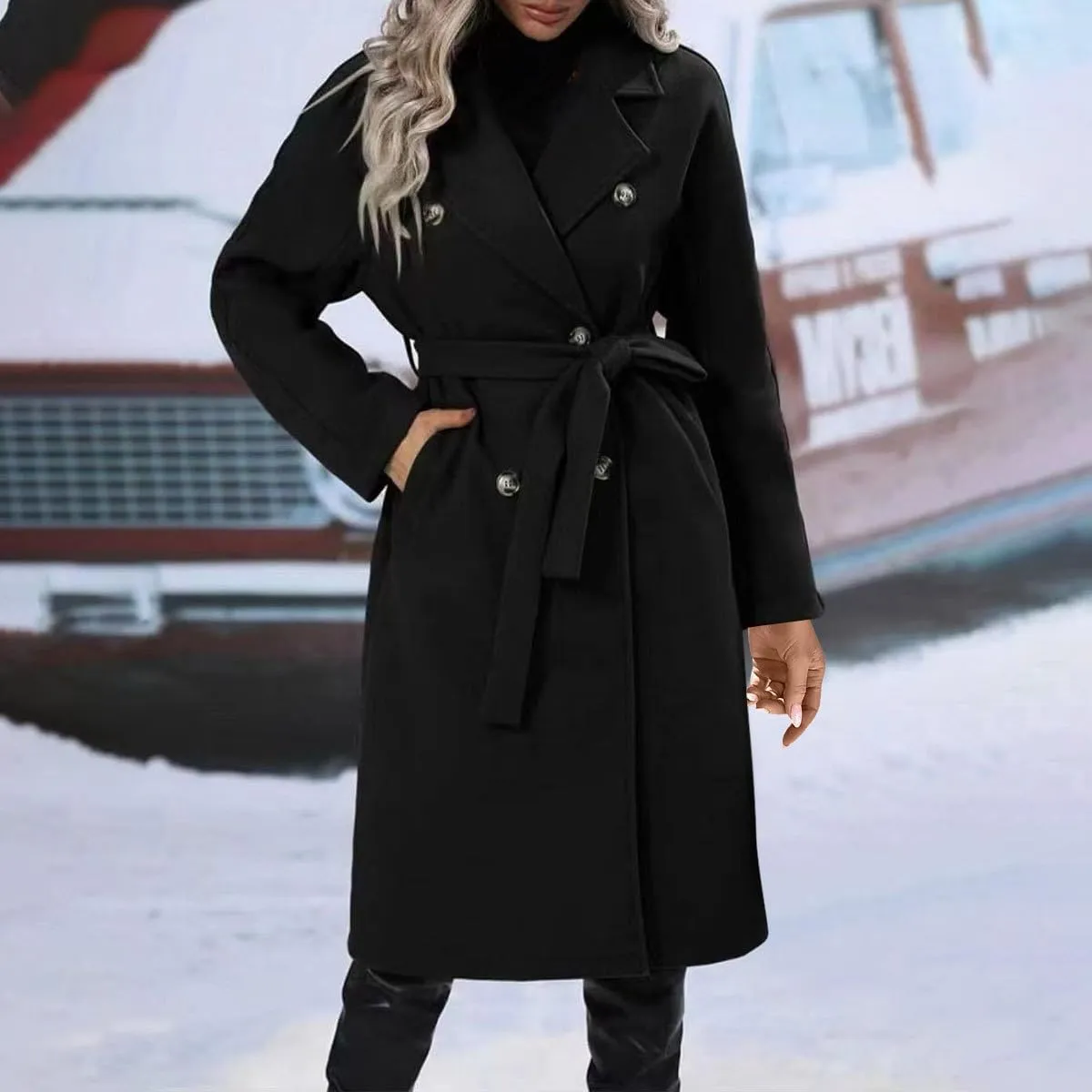YRAETENM Women's Lapel Collar Double Breasted Wool Blend Coats Winter Warm Open Front Midi Long Pea Coat Outwear with Belt