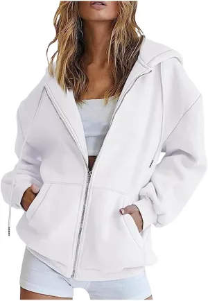 Zip Up Hoodies Womens Long Sleeve Oversized Sweatshirts Solid Color Casual Sweater Fleece Jackets with Pockets